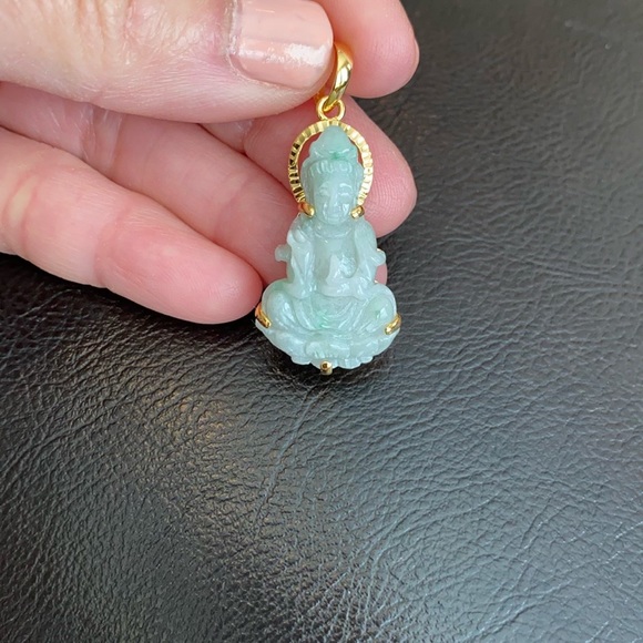 14K Solid Gold Kwan Yin Guanyin Female Buddha Natural Jadeite Jade Pendant - Picture 7 of 8